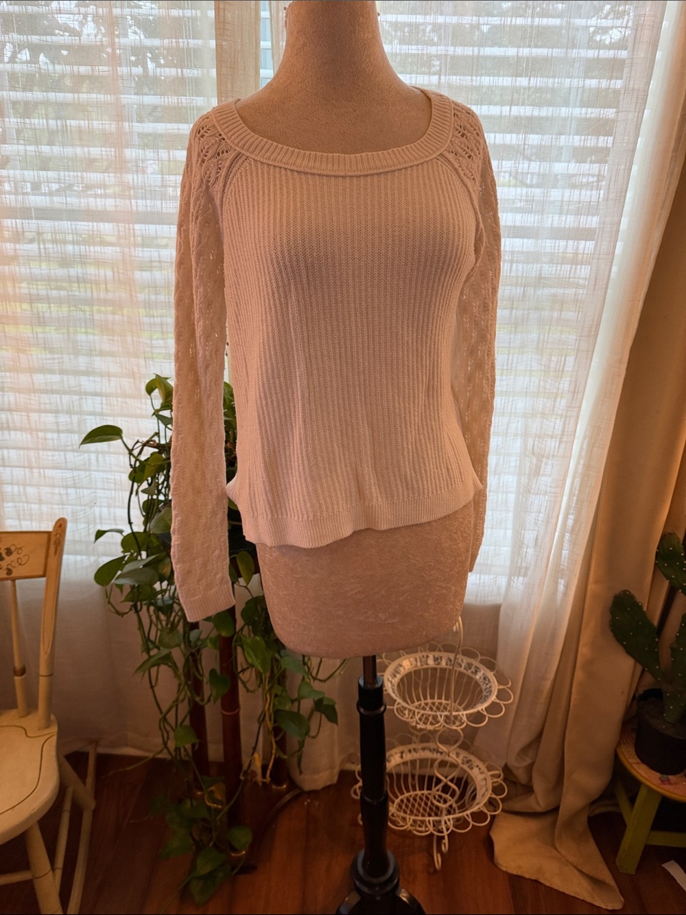LOFT white Ribbed Scoop Neck Sweater with Lace Sleeves